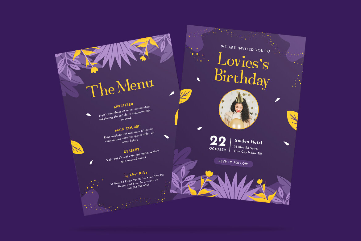 Purple Line Birthday Invitation FREE Template alt