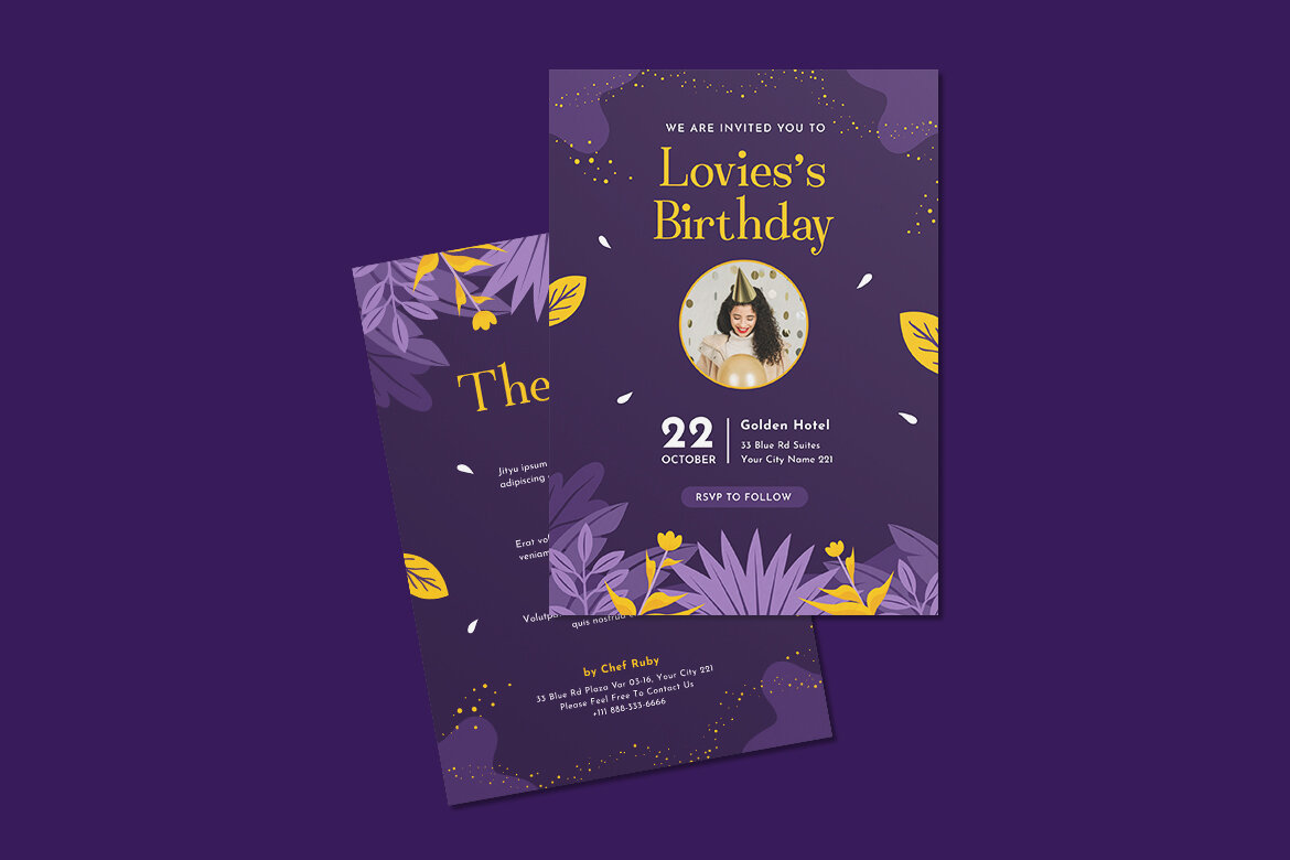 Purple Line Birthday Invitation FREE Template - view 4