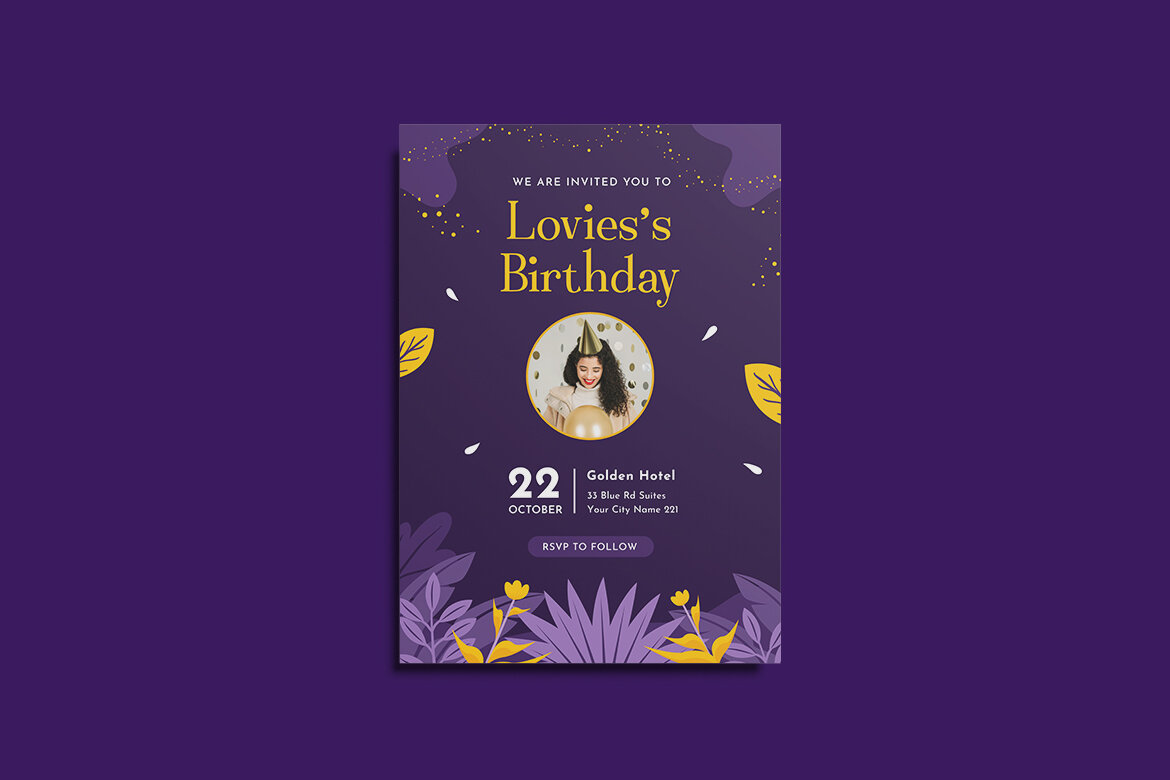 Purple Line Birthday Invitation FREE Template - view 3