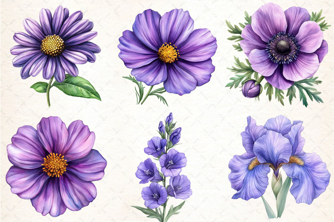 Purple Flowers FREE Watercolor Clipart alt