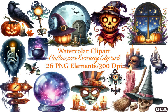 Watercolor Halloween Evening FREE Clipart
