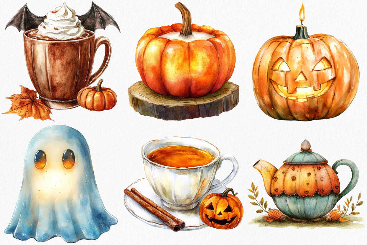Watercolor Cozy Halloween FREE Clipart Bundle alternate
