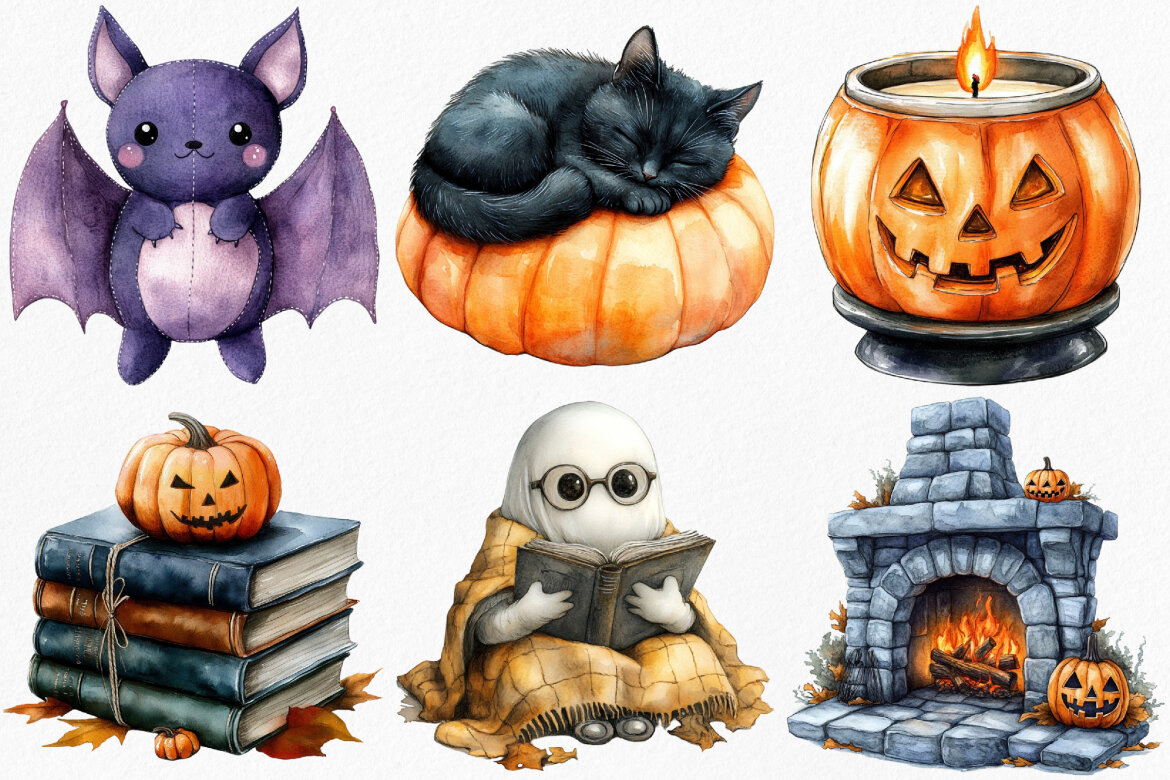 Watercolor Cozy Halloween FREE Clipart Bundle - view 3