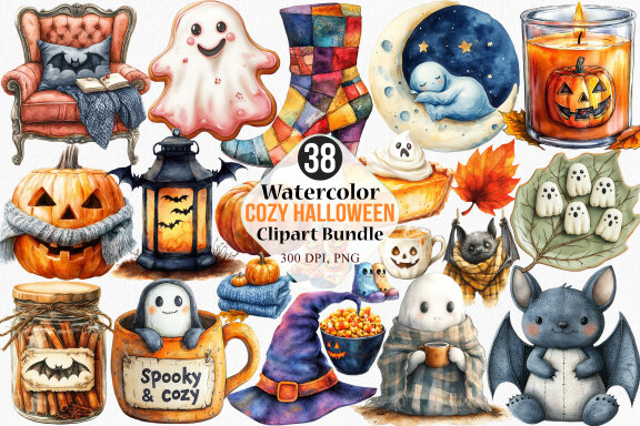 Watercolor Cozy Halloween FREE Clipart Bundle
