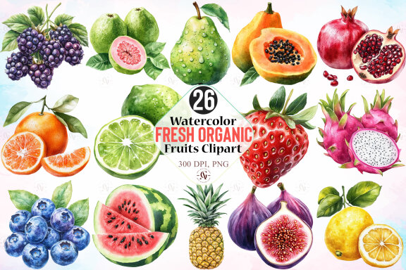 Watercolor Fresh Organic Fruits FREE Clipart