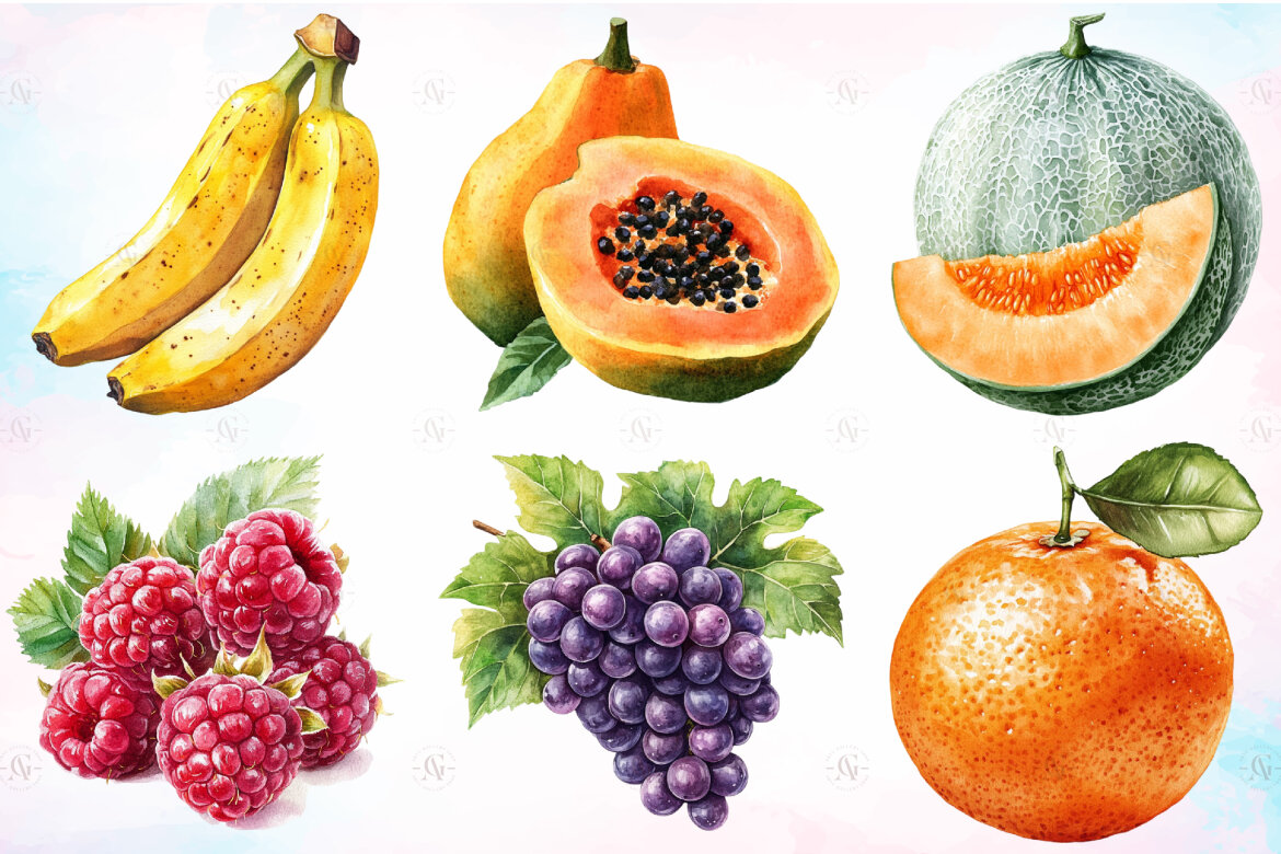 Watercolor Fresh Organic Fruits FREE Clipart - view 3