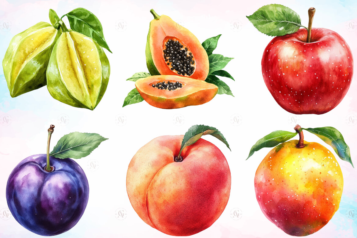 Watercolor Fresh Organic Fruits FREE Clipart alternate