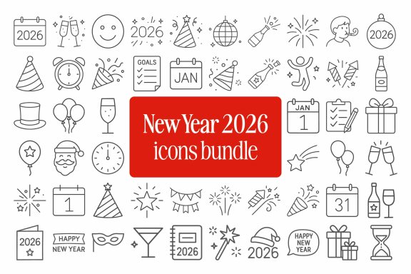 New Year 2026 Icons Bundle – FREE Line Art Icons