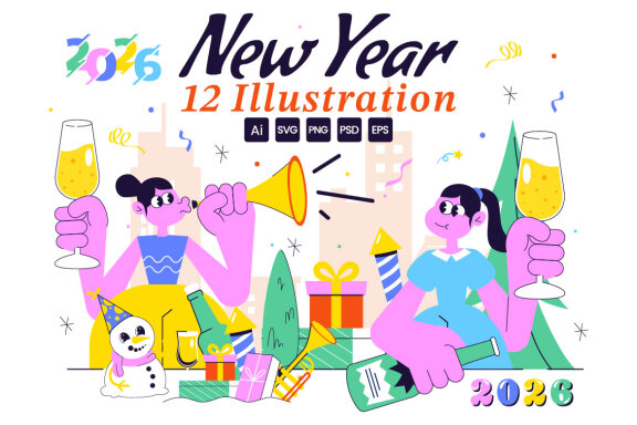 12 Happy New Year 2026 FREE Illustrations