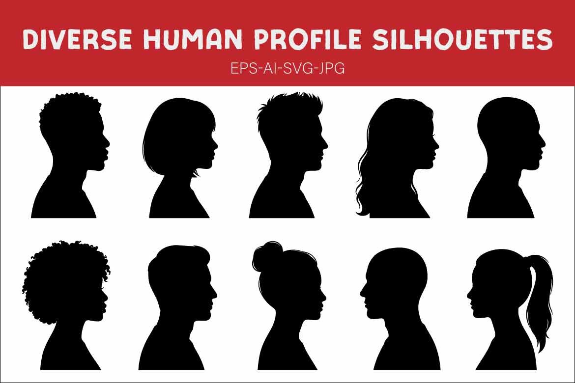 Collection of Diverse Male and Female Human Profile Silhouettes with Different Hairstyles Isolated on White Background