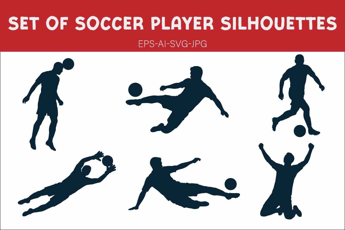 Set of Soccer Player Silhouettes in Various Action Poses Including Kicking, Heading, Goalkeeper Save, and Celebration, Isolated on White Background for Sports Graphic Design