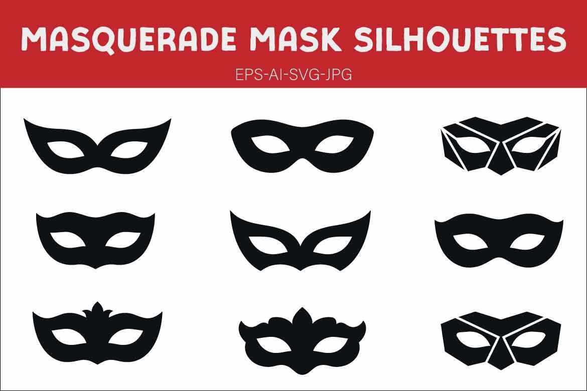 Set of Black Carnival and Masquerade Mask Silhouettes for Party, Mardi Gras, and Theater Decoration - Vector Illustration