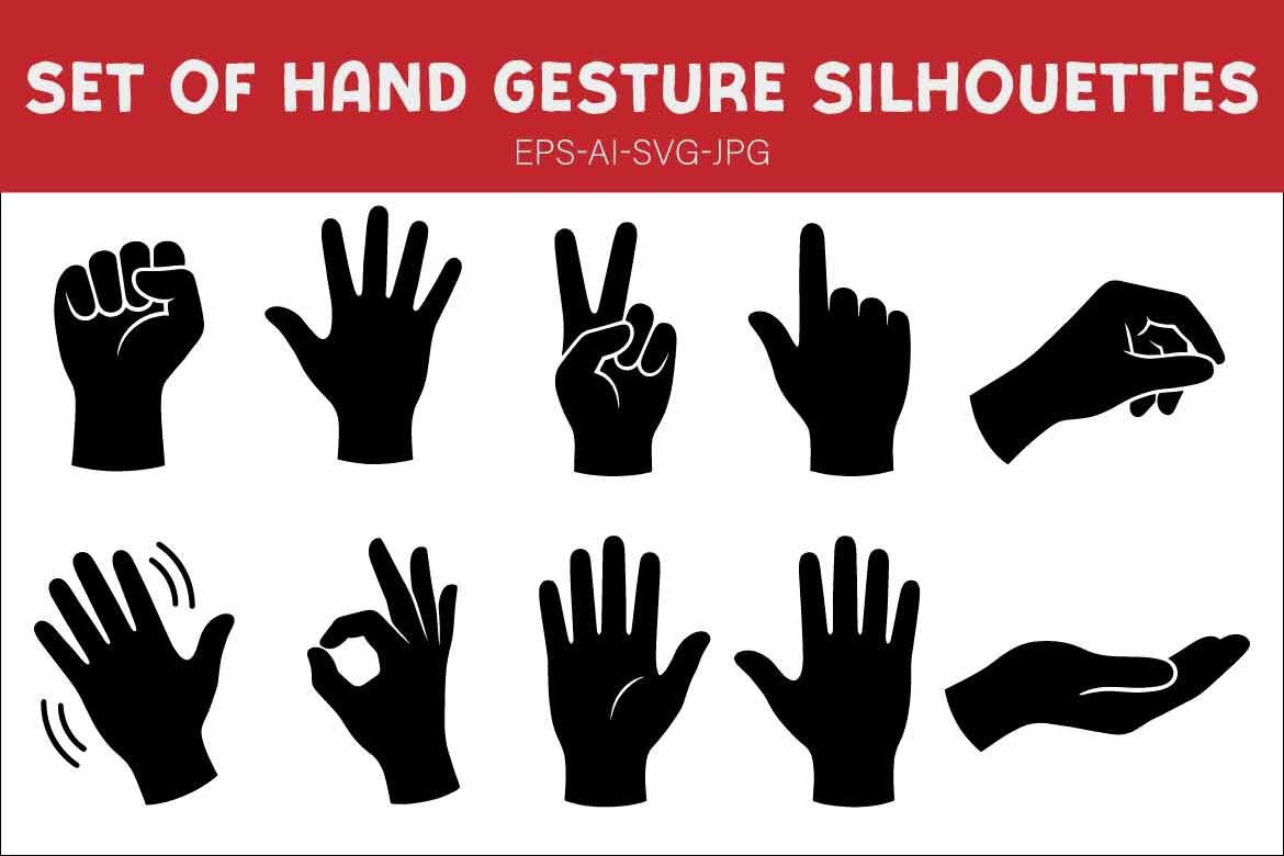 Set of Hand Gesture Silhouettes Vector Icons Including Thumbs Up, Fist, OK Sign, Peace, and Pointing Finger for Communication Design alternate