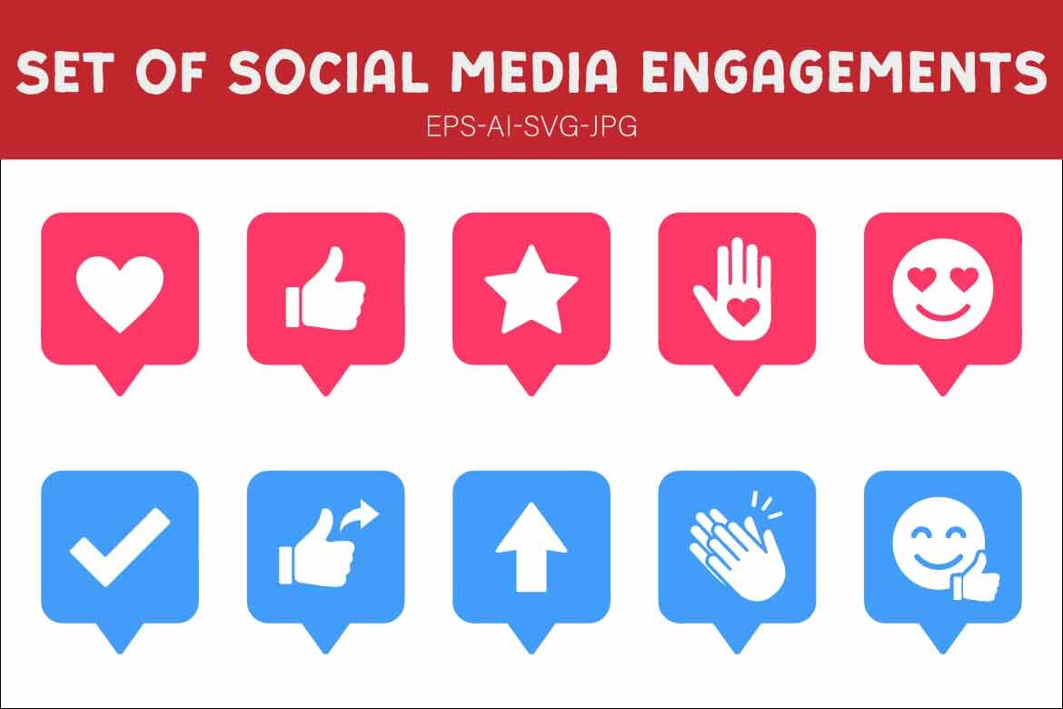 Set of Social Media Engagement Icons in Red and Blue Speech Bubbles featuring Heart, Thumbs Up, Star, and Applause Vector Illustration alternate