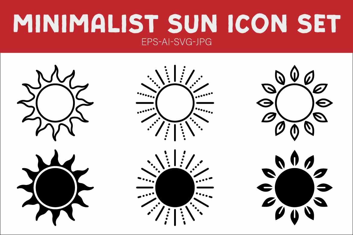 Minimalist Sun Icon Set: Collection of Solar Symbols in Black Line Art and Silhouette Vectors alternate