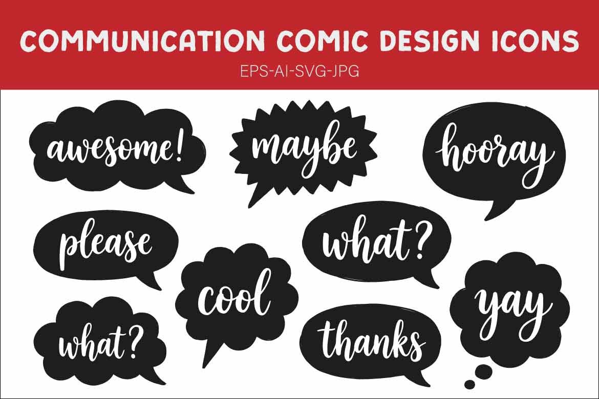 Set of Black Speech Bubbles with Handwritten White Calligraphy Lettering - Communication Icons for Social Media and Comic Design