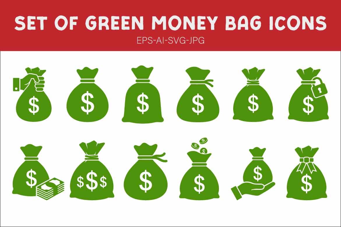 Set of Green Money Bag Icons with Dollar Signs, Coins, Cash, and Hand Gestures for Finance, Investment, Banking, and Wealth Concepts Illustration alternate