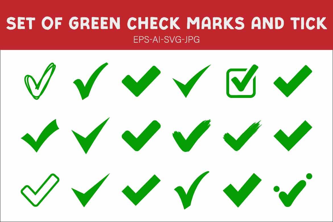 Set of Green Check Marks and Tick Icons in Various Styles for Business Success, Approval, and Completion alternate