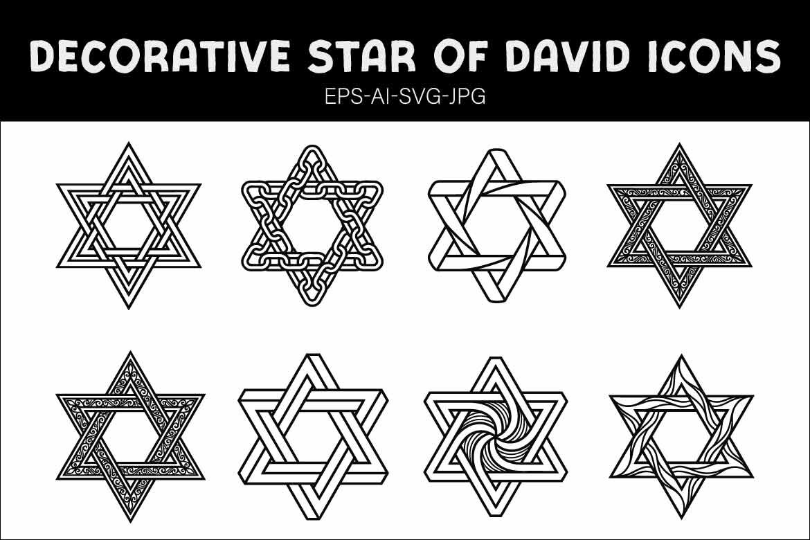 Collection of Decorative Star of David Icons - Various Styles of Six-Pointed Hexagram Symbols for Religious, Cultural, and Graphic Design Projects