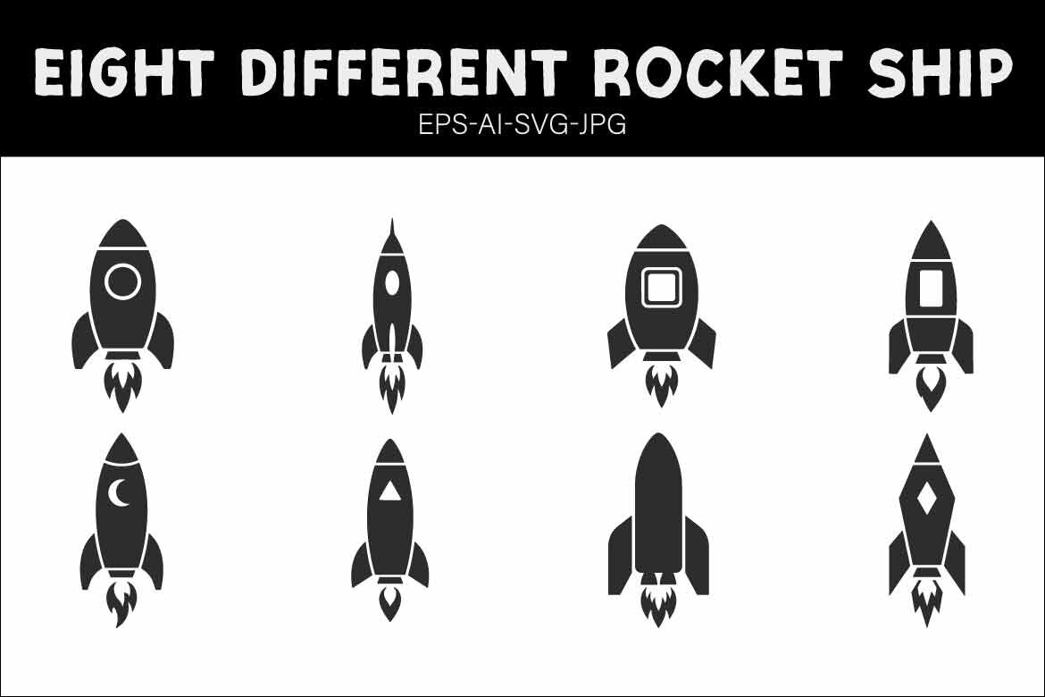 Set of Eight Different Rocket Ship Silhouettes Launching Upwards on White Background - Vector Icons for Startup, Business Growth, and Space Exploration Concepts
