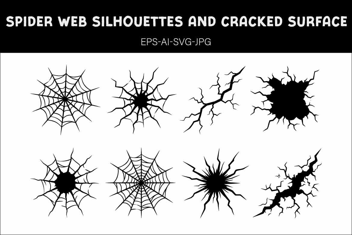 Collection of Spider Web Silhouettes and Cracked Surface Vector Illustrations Isolated on White Background for Halloween, Damage, and Destruction Graphic Design alternate