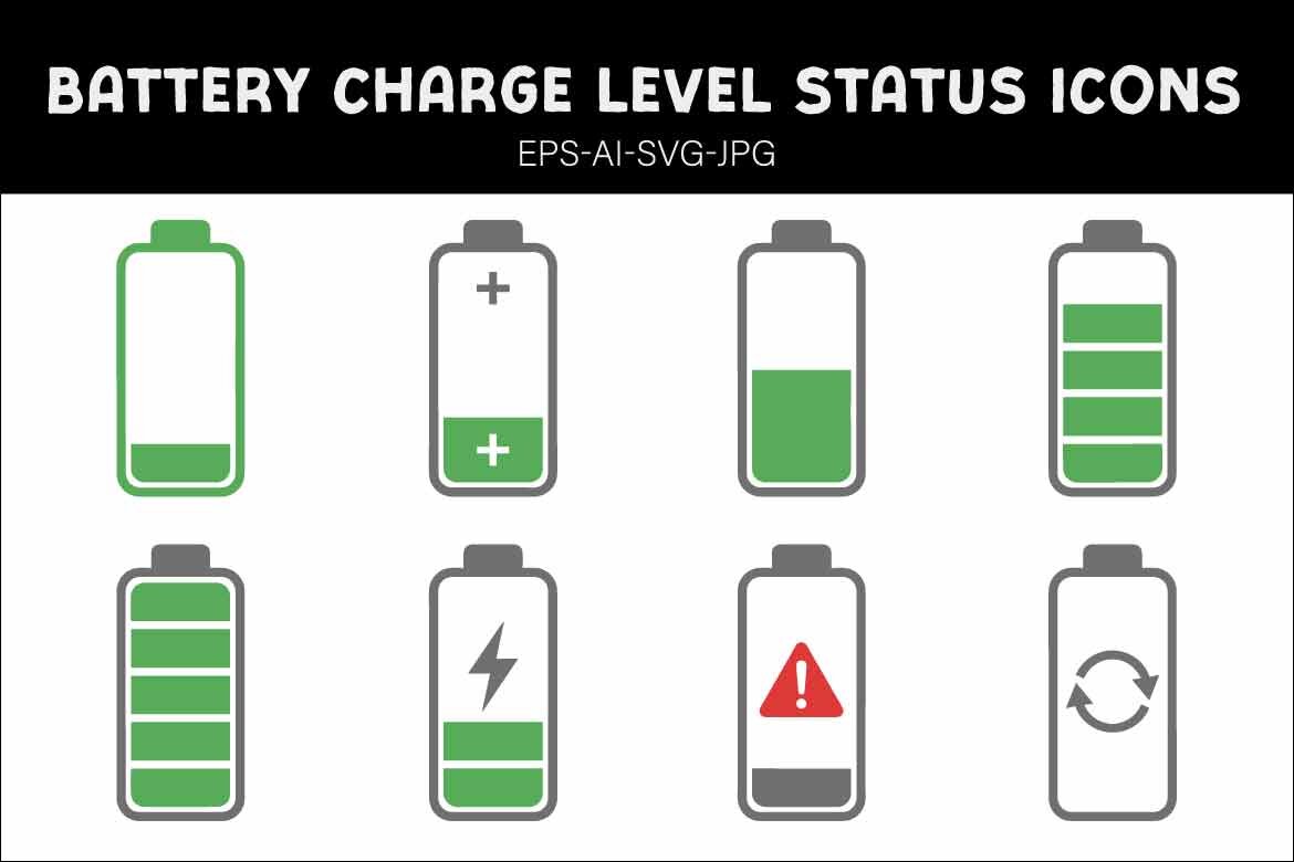 Battery Charge Level Status Icons Set for Mobile Apps and Web Design - Flat Vector Illustration of Power Status, Charging, Low Battery Warning, and Energy Capacity Indicators Isolated on White