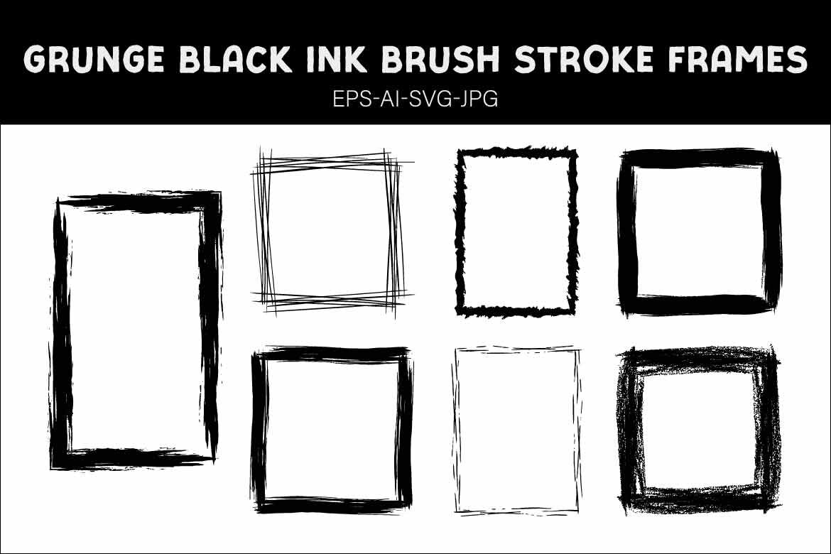 Set of Grunge Black Ink Brush Stroke Frames and Hand-Drawn Distressed Square Borders on White Background alternate