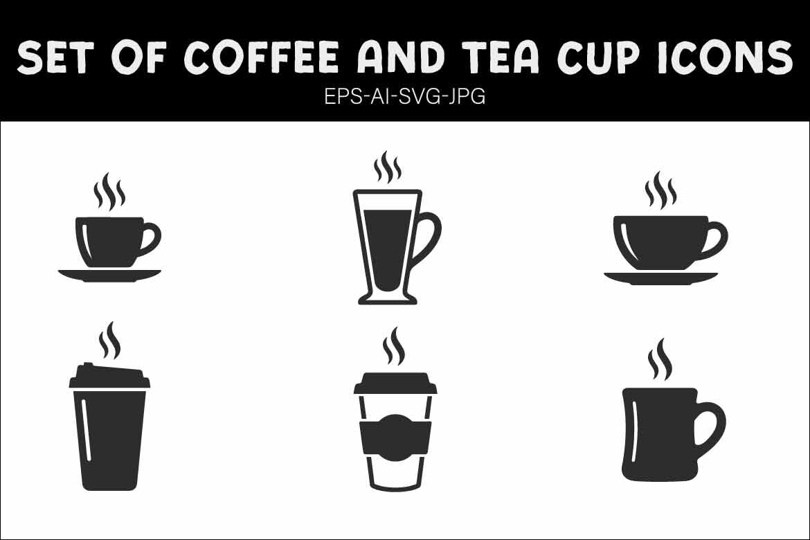 Set of Coffee and Tea Cup Icons with Steam, Flat Vector Illustrations of Hot Beverages for Cafe and Restaurant Menu Design