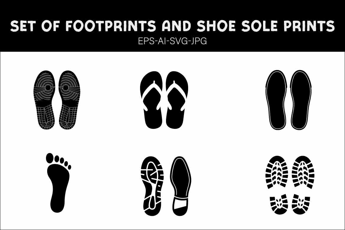 Collection of Black Silhouette Footprints and Shoe Sole Prints Isolated on White Background. Different Types of Footwear Treads Including Barefoot, Boots, Sneakers, Sandals, and Flip-flops.