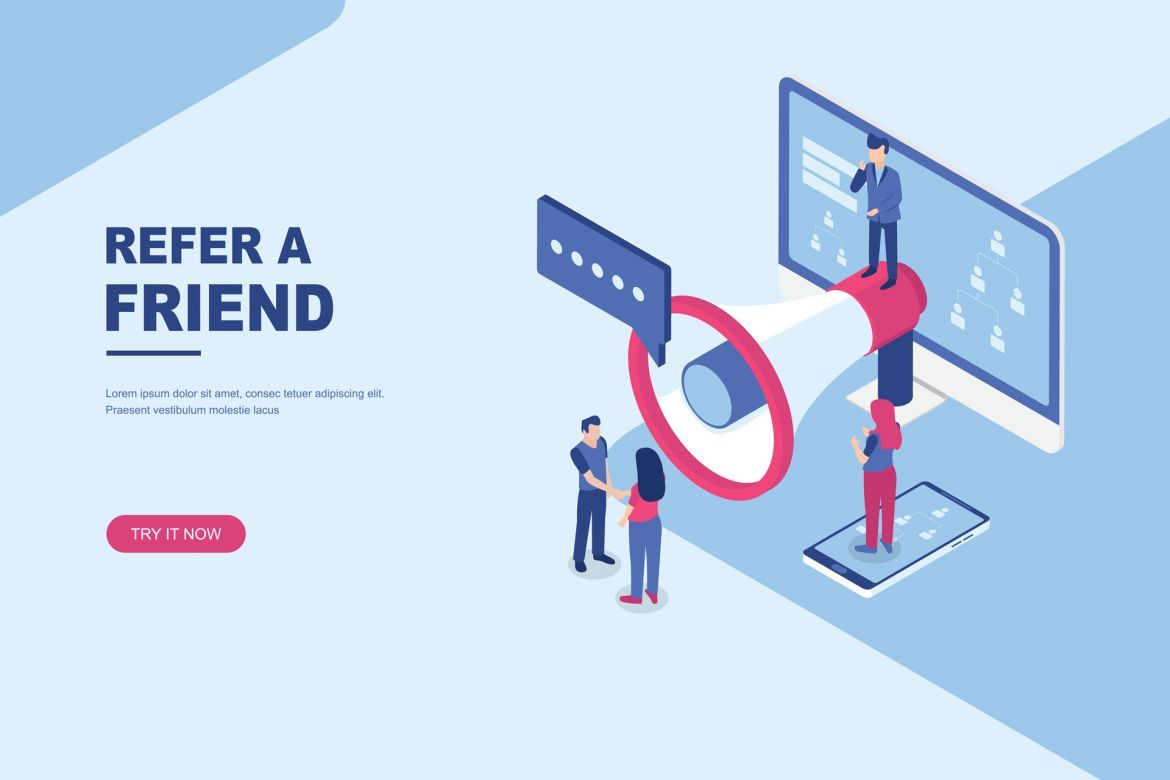 Refer a friend flat isometric landing page alt