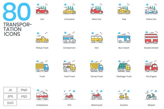 80 Transportation Icons | ColorPop