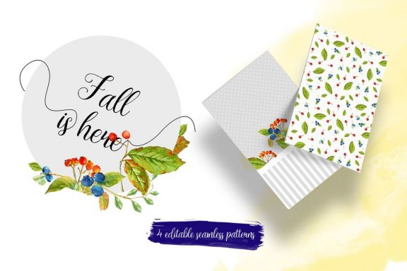 Watercolor Autumn Fruits & Fall Leaves