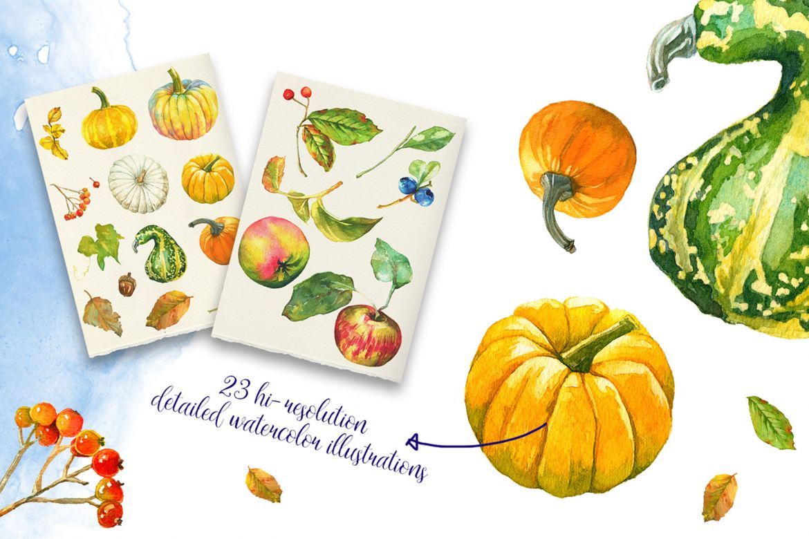 Watercolor Autumn Fruits & Fall Leaves - view 5