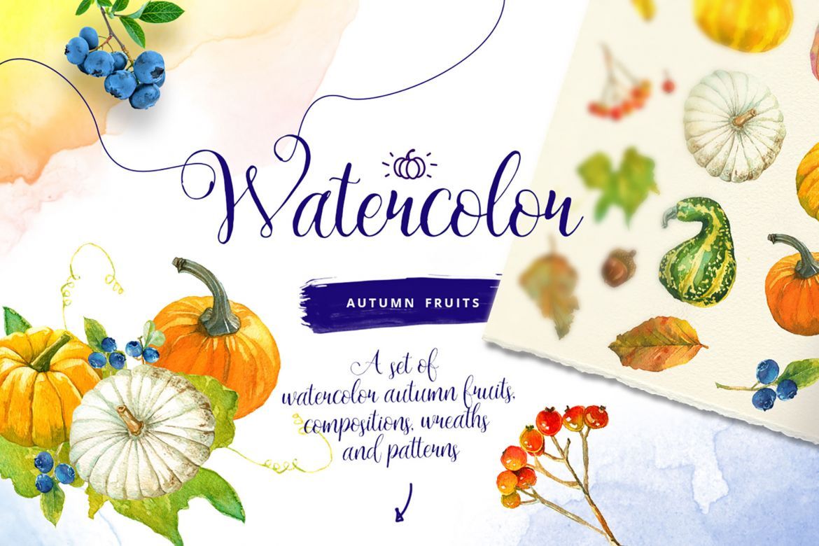 Watercolor Autumn Fruits & Fall Leaves - view 6