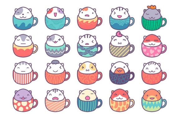 20 Cute Cat Character Inside Cup
