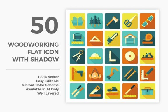 50 Woodworking Flat Icons With Shadow