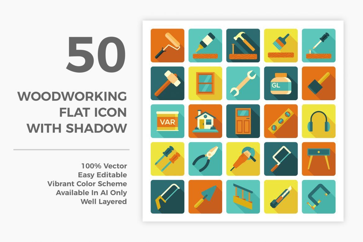 50 Woodworking Flat Icons With Shadow alternate