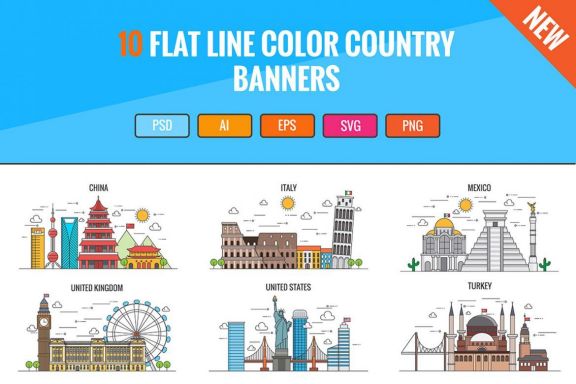 10 Flat Line Color Country Banners