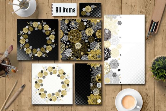 Gold Black White Snowflakes Suite