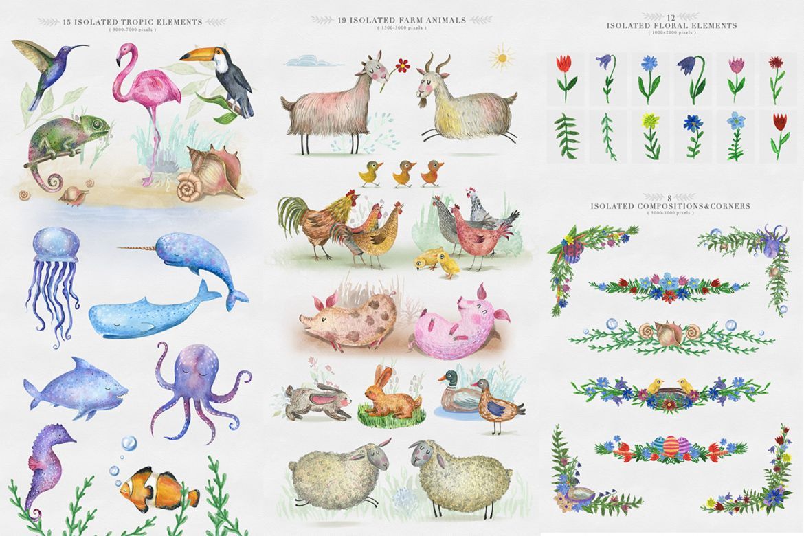 Cute Animals Watercolor Collection alternate