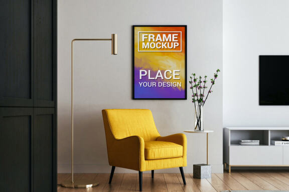 Free Poster Mockup in Black Frame in Modern Interior