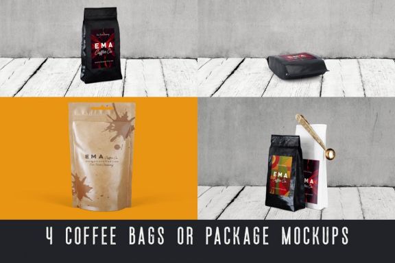 4 Coffee Bags Package Mockups