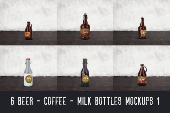 6 Beer Coffee Milk Bottles Mockups 1