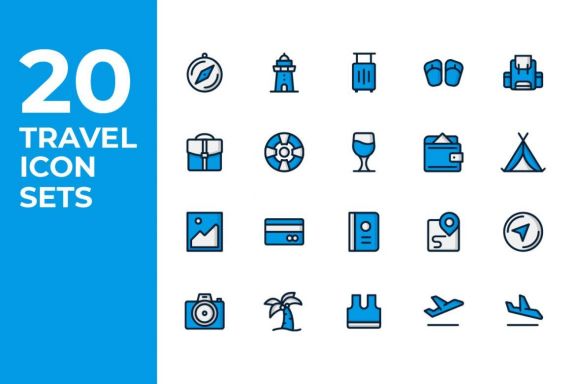 20 Travel Icon Sets - Blue Filled Line