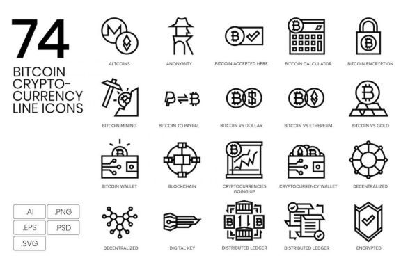 74 Bitcoin & Cryptocurrency Line Icons
