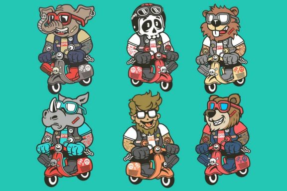 6 Scooterist Cartoon Character