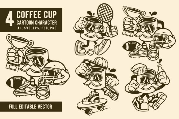 4 Coffee Cup Cartoon Character
