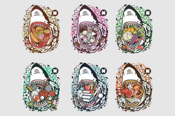 6 Sharks Mouth Cartoon Character