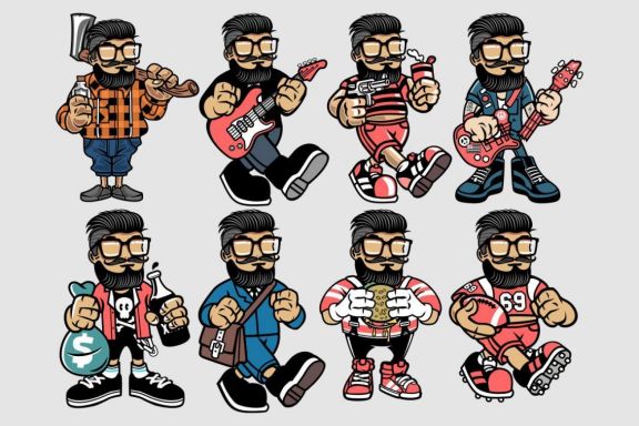 8 Beard Hipster Cartoon Character