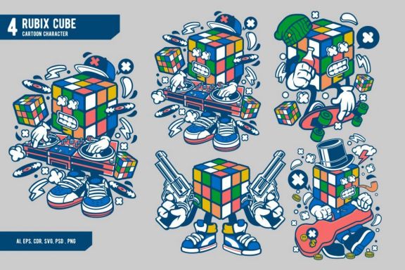 4 Rubix Cube Cartoon Character